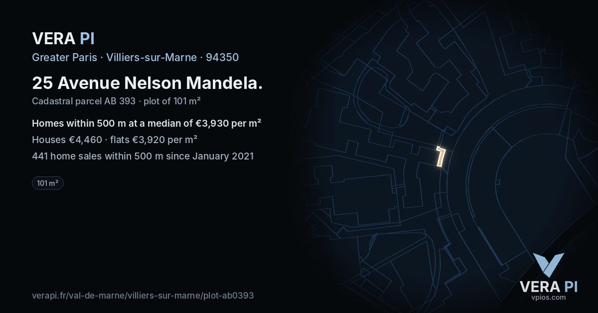 25 Avenue Nelson Mandela, Villiers-sur-Marne at night – the plot lit, the parcels around coloured by the prices near them