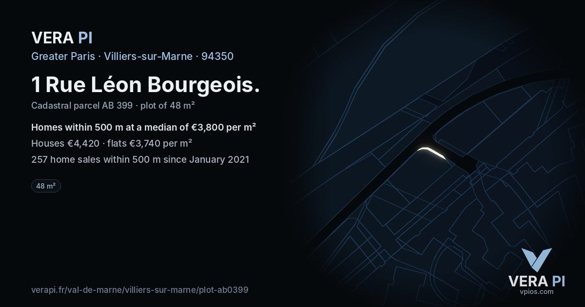 1 Rue Léon Bourgeois, Villiers-sur-Marne at night – the plot lit, the parcels around coloured by the prices near them