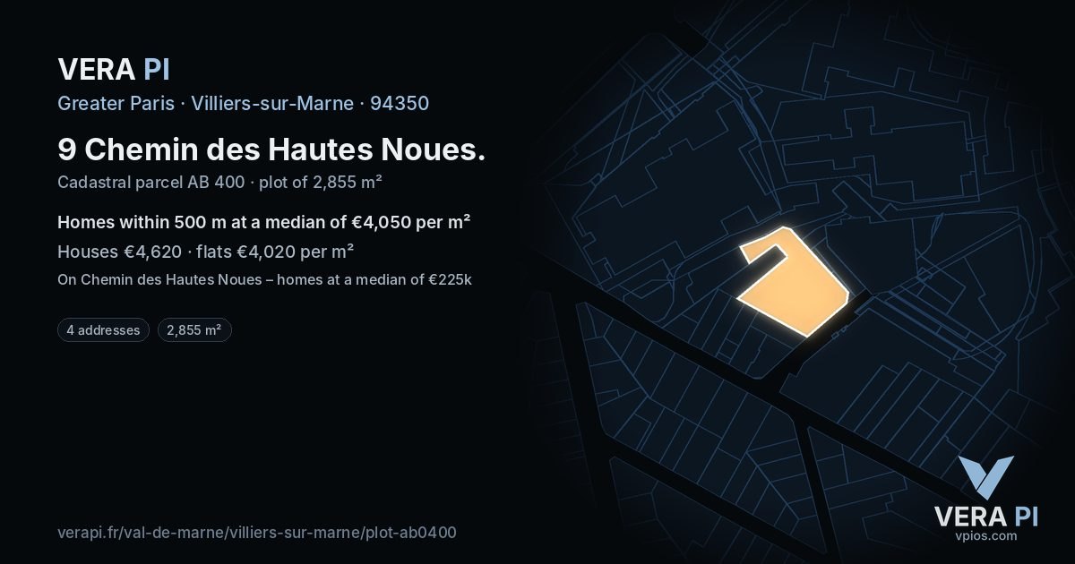 9 Chemin des Hautes Noues, Villiers-sur-Marne at night – the plot lit, the parcels around coloured by the prices near them