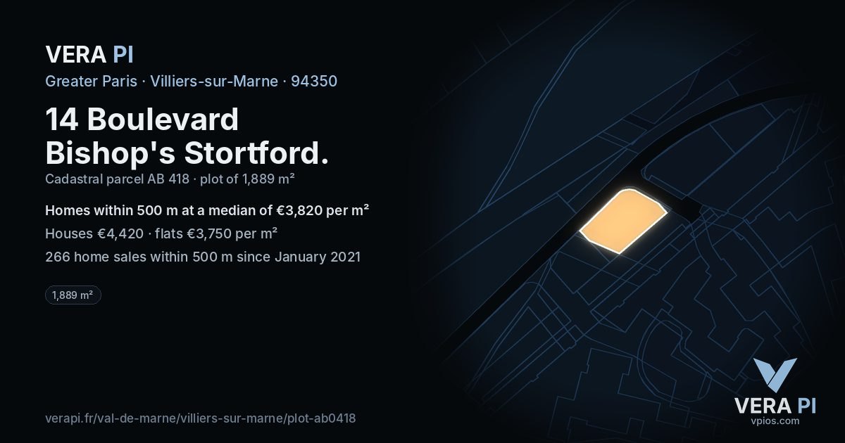 14 Boulevard Bishop's Stortford, Villiers-sur-Marne at night – the plot lit, the parcels around coloured by the prices near them