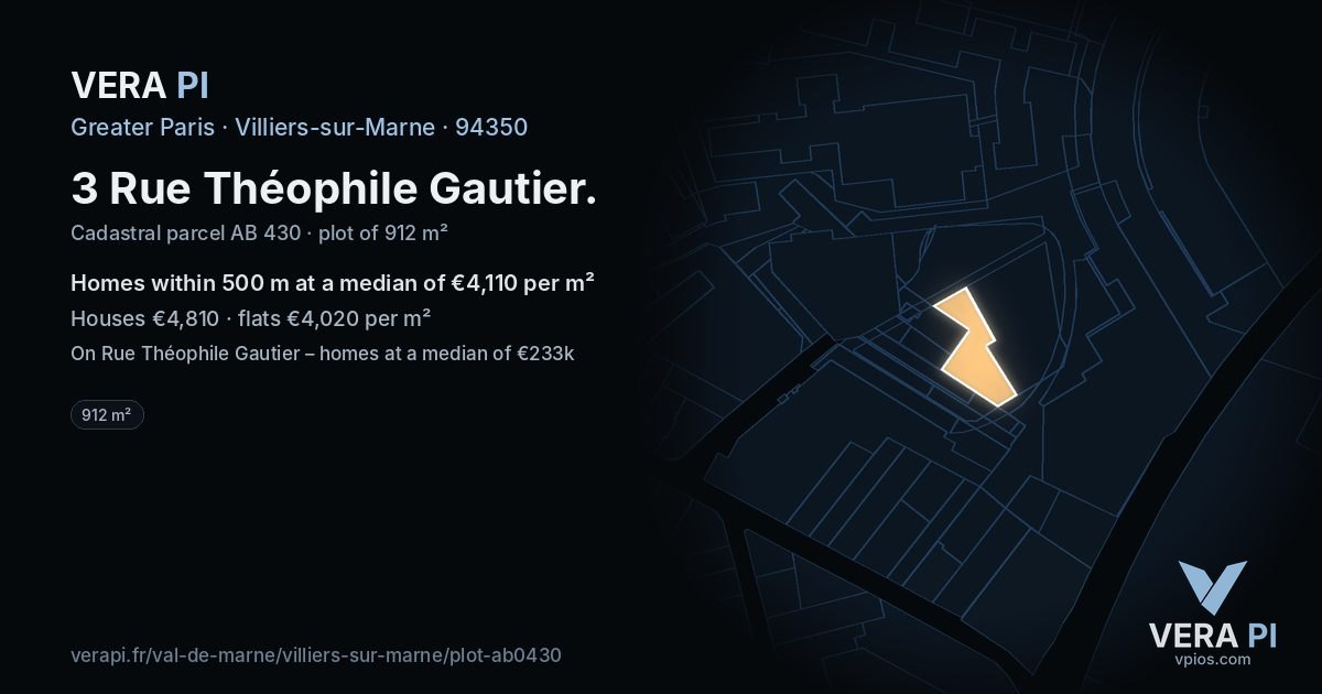 3 Rue Théophile Gautier, Villiers-sur-Marne at night – the plot lit, the parcels around coloured by the prices near them