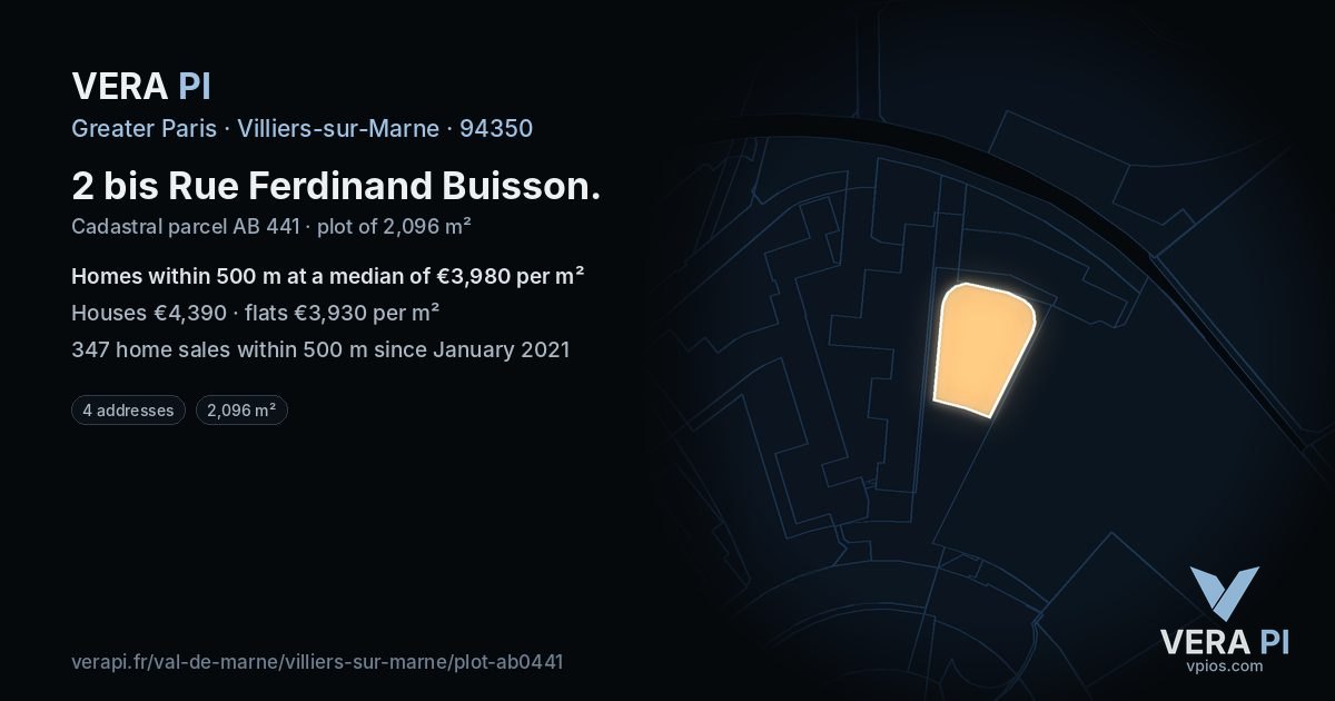 2 bis Rue Ferdinand Buisson, Villiers-sur-Marne at night – the plot lit, the parcels around coloured by the prices near them
