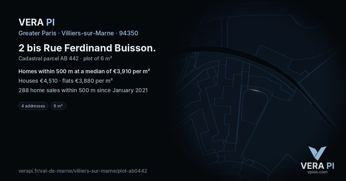 2 bis Rue Ferdinand Buisson, Villiers-sur-Marne at night – the plot lit, the parcels around coloured by the prices near them