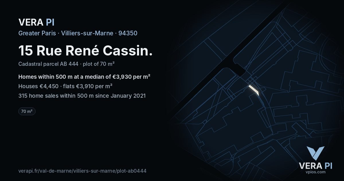 15 Rue René Cassin, Villiers-sur-Marne at night – the plot lit, the parcels around coloured by the prices near them
