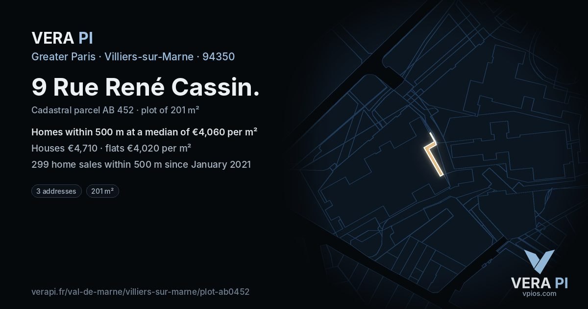 9 Rue René Cassin, Villiers-sur-Marne at night – the plot lit, the parcels around coloured by the prices near them