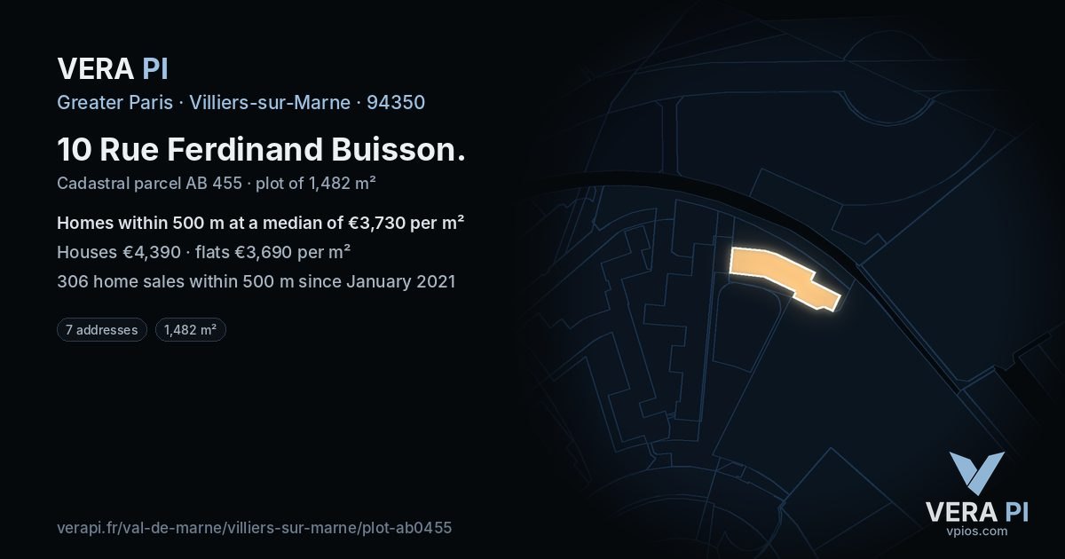 10 Rue Ferdinand Buisson, Villiers-sur-Marne at night – the plot lit, the parcels around coloured by the prices near them