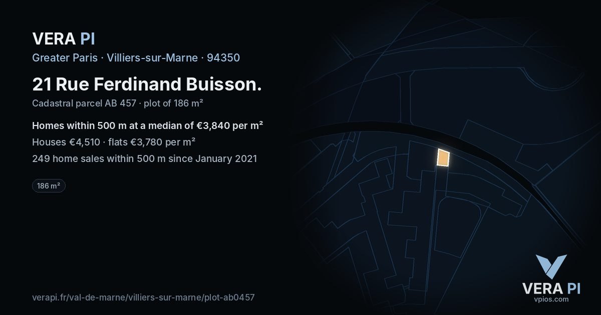 21 Rue Ferdinand Buisson, Villiers-sur-Marne at night – the plot lit, the parcels around coloured by the prices near them