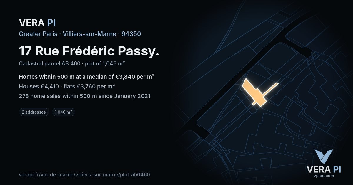 17 Rue Frédéric Passy, Villiers-sur-Marne at night – the plot lit, the parcels around coloured by the prices near them