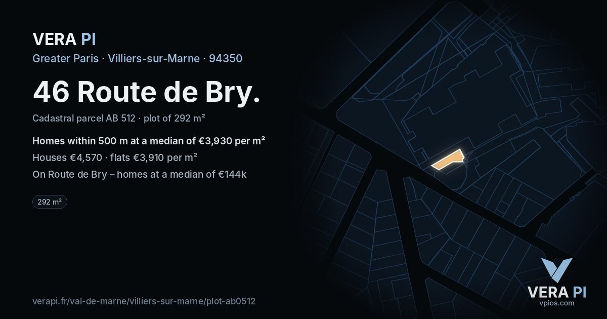 46 Route de Bry, Villiers-sur-Marne at night – the plot lit, the parcels around coloured by the prices near them