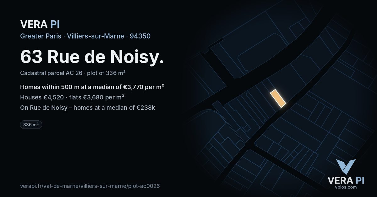 63 Rue de Noisy, Villiers-sur-Marne at night – the plot lit, the parcels around coloured by the prices near them