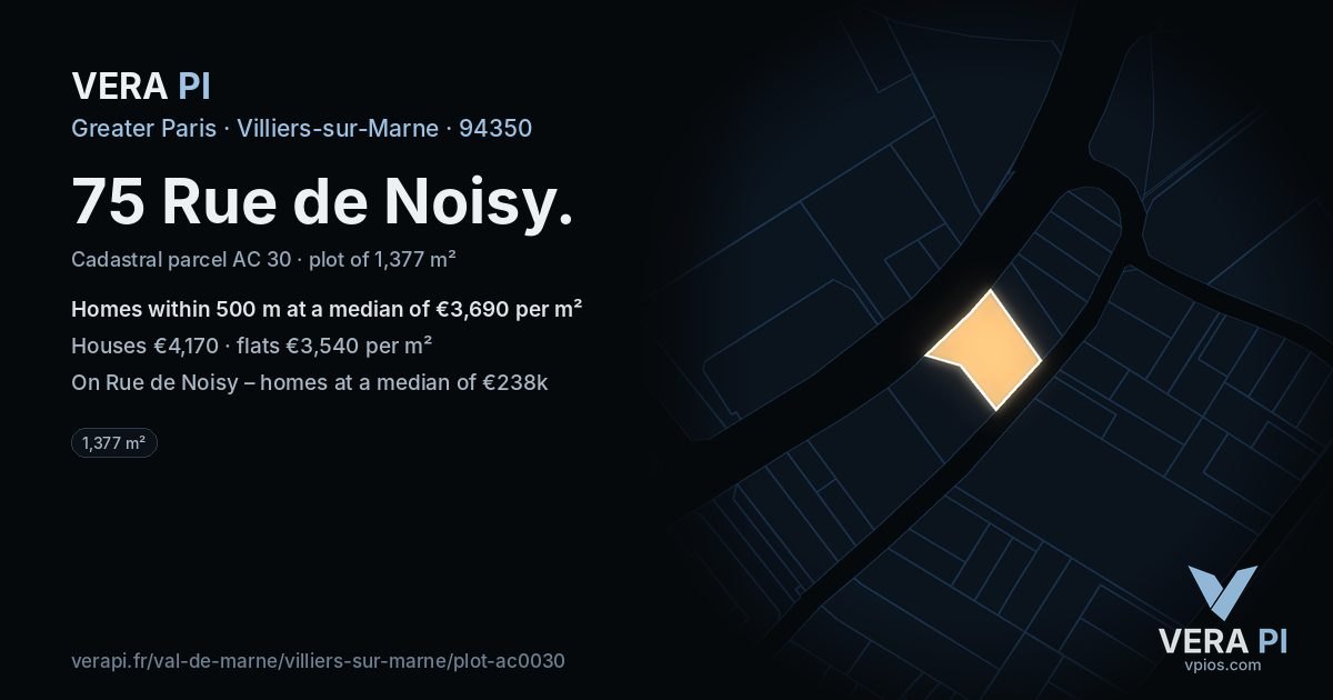 75 Rue de Noisy, Villiers-sur-Marne at night – the plot lit, the parcels around coloured by the prices near them