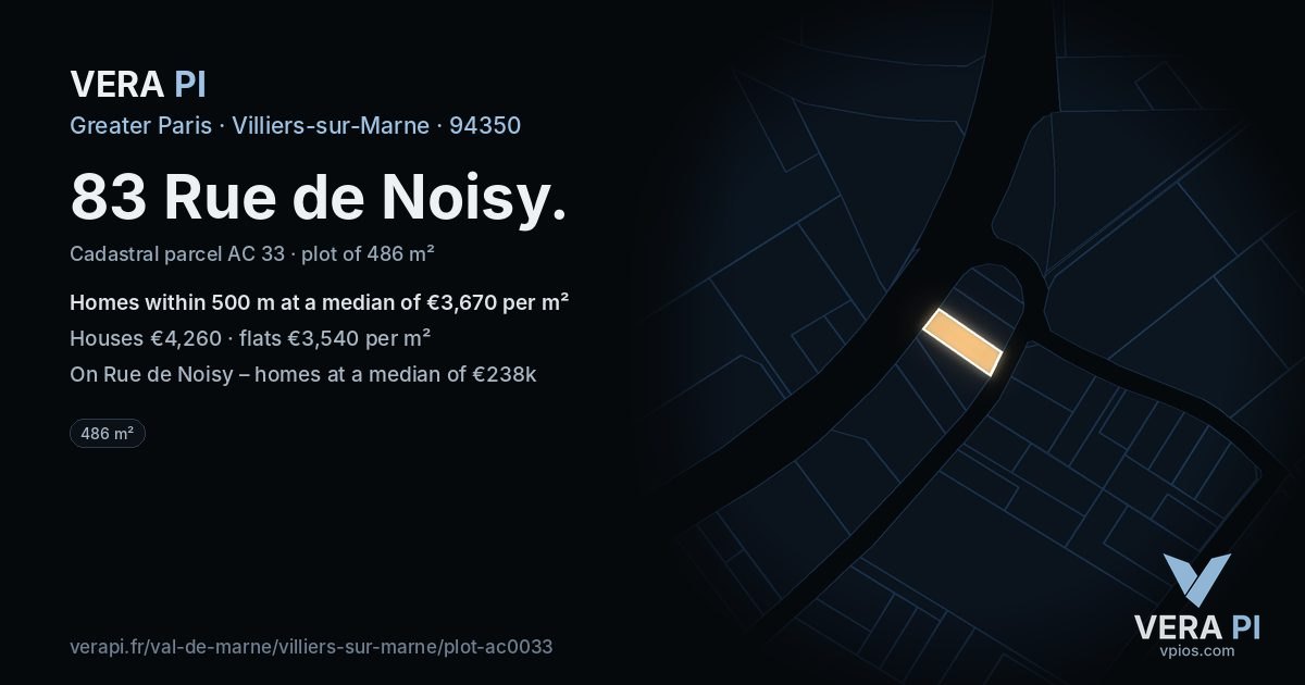 83 Rue de Noisy, Villiers-sur-Marne at night – the plot lit, the parcels around coloured by the prices near them