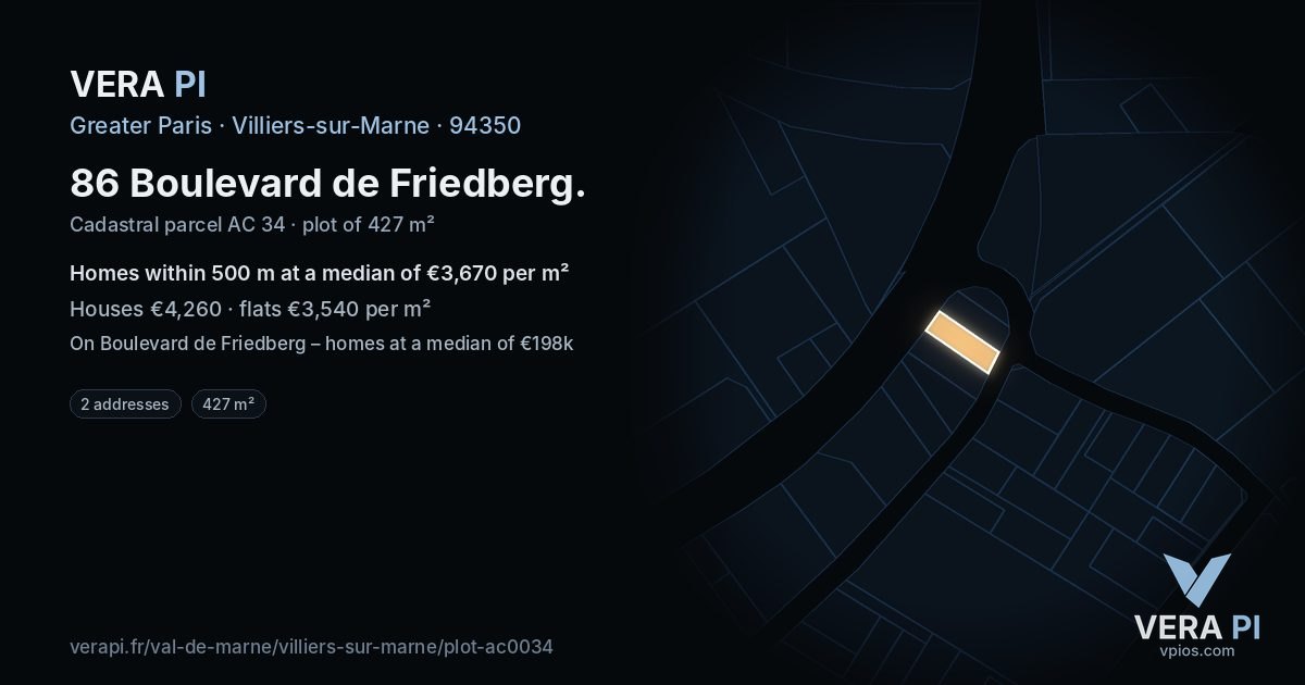 86 Boulevard de Friedberg, Villiers-sur-Marne at night – the plot lit, the parcels around coloured by the prices near them