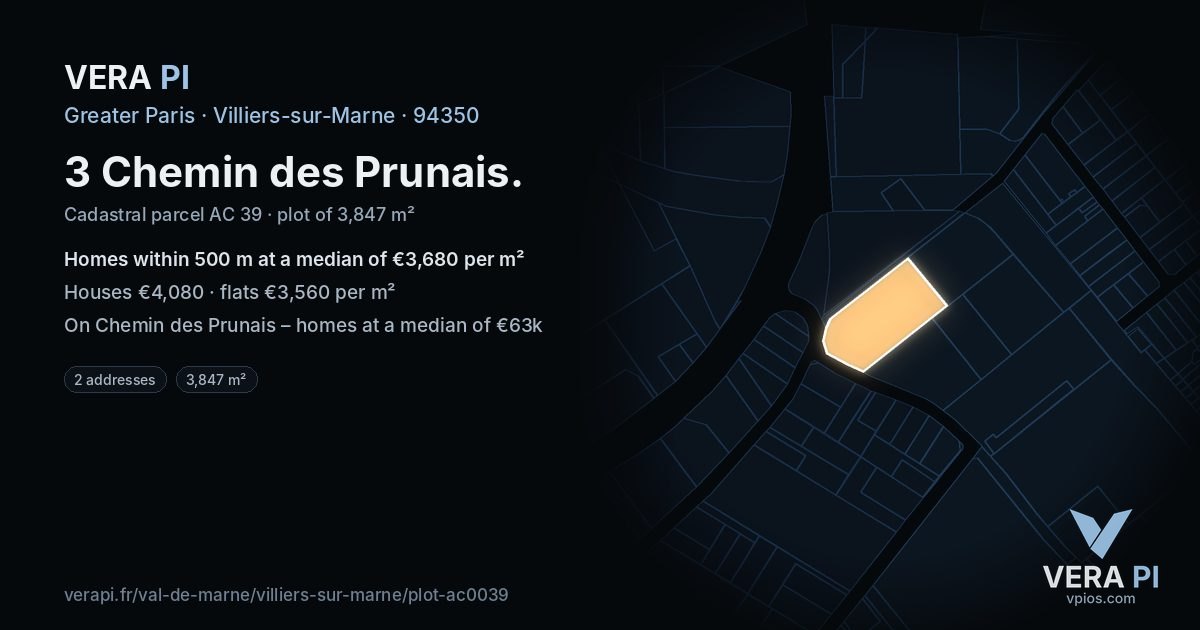 3 Chemin des Prunais, Villiers-sur-Marne at night – the plot lit, the parcels around coloured by the prices near them