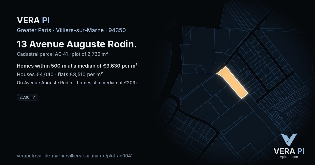 13 Avenue Auguste Rodin, Villiers-sur-Marne at night – the plot lit, the parcels around coloured by the prices near them