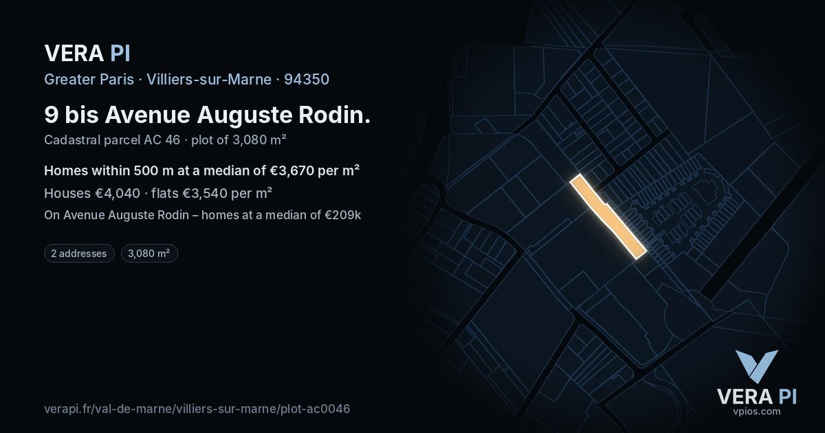 9 bis Avenue Auguste Rodin, Villiers-sur-Marne at night – the plot lit, the parcels around coloured by the prices near them