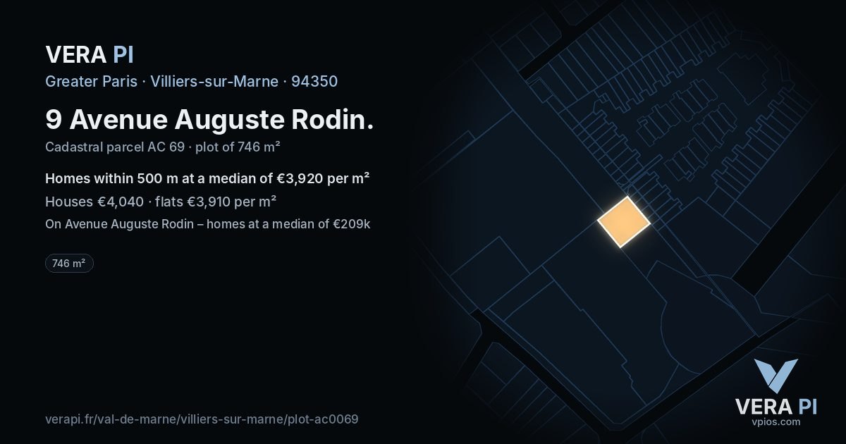 9 Avenue Auguste Rodin, Villiers-sur-Marne at night – the plot lit, the parcels around coloured by the prices near them