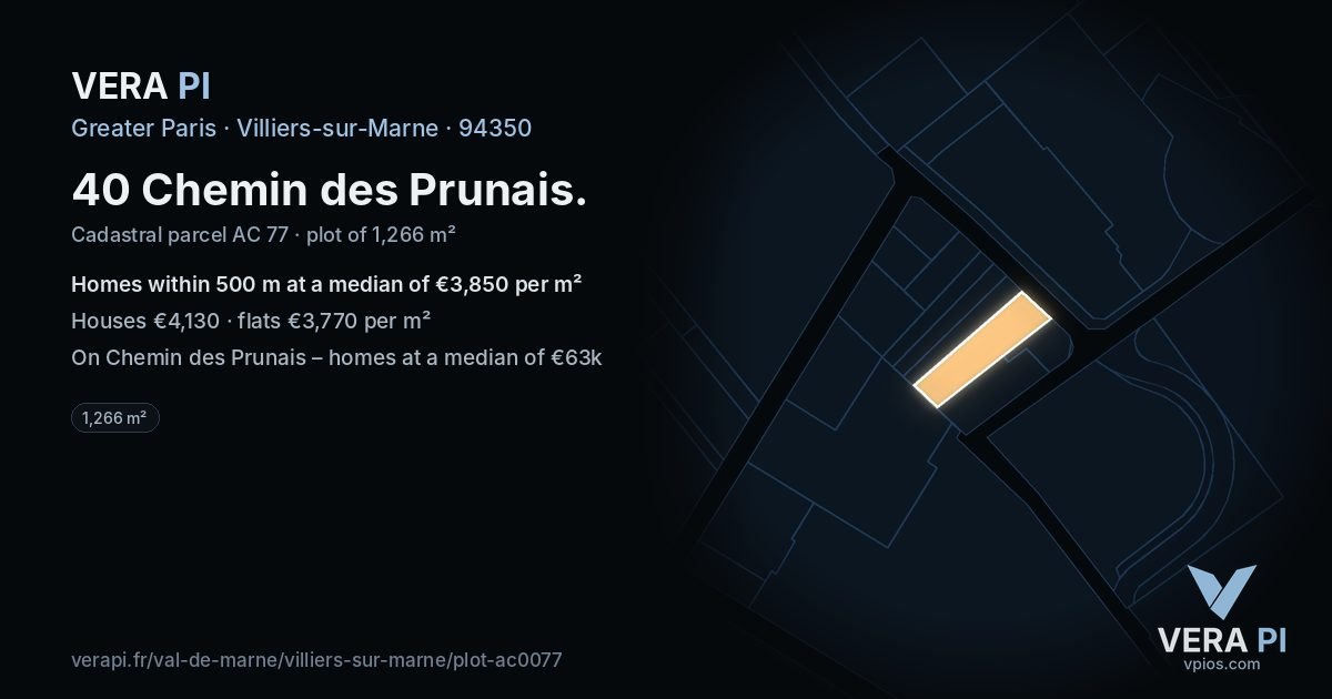 40 Chemin des Prunais, Villiers-sur-Marne at night – the plot lit, the parcels around coloured by the prices near them