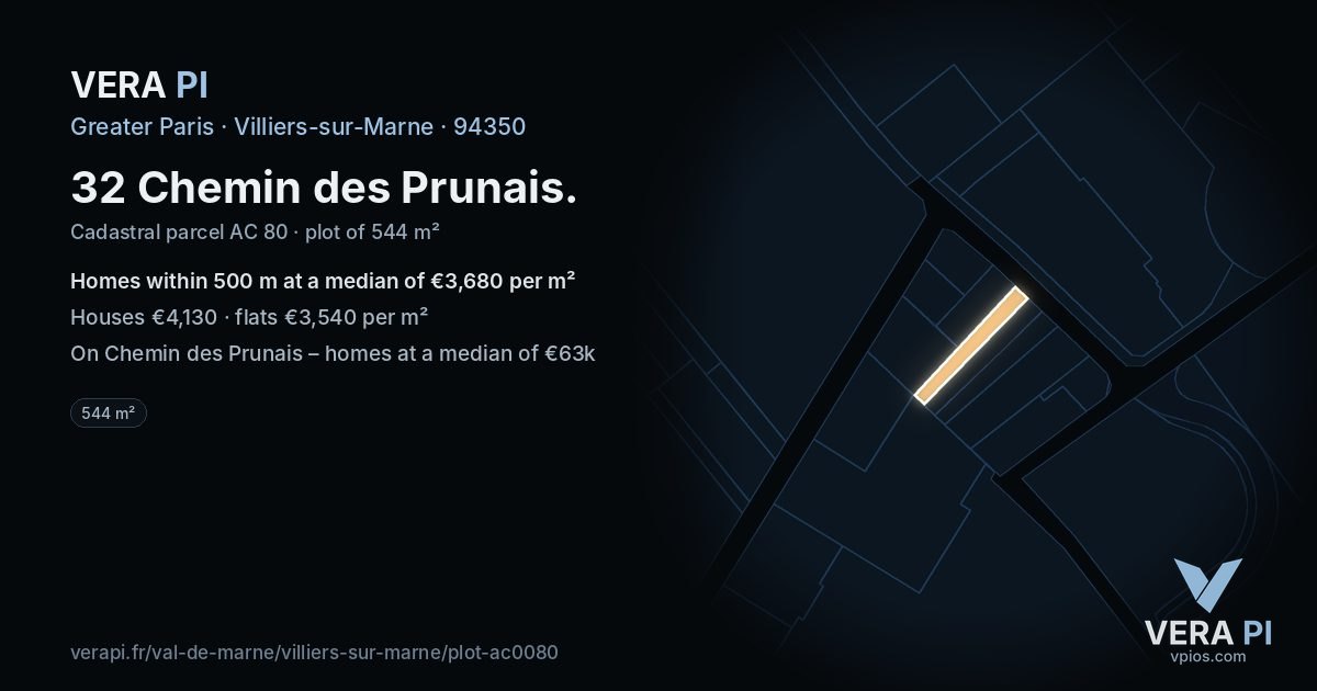 32 Chemin des Prunais, Villiers-sur-Marne at night – the plot lit, the parcels around coloured by the prices near them