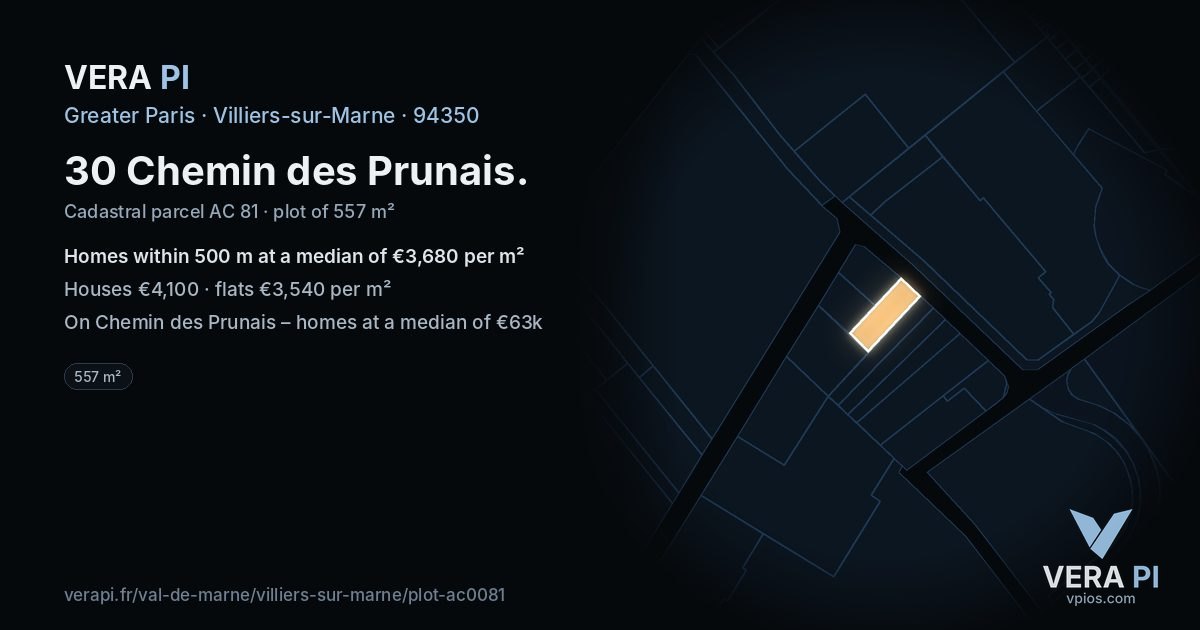 30 Chemin des Prunais, Villiers-sur-Marne at night – the plot lit, the parcels around coloured by the prices near them