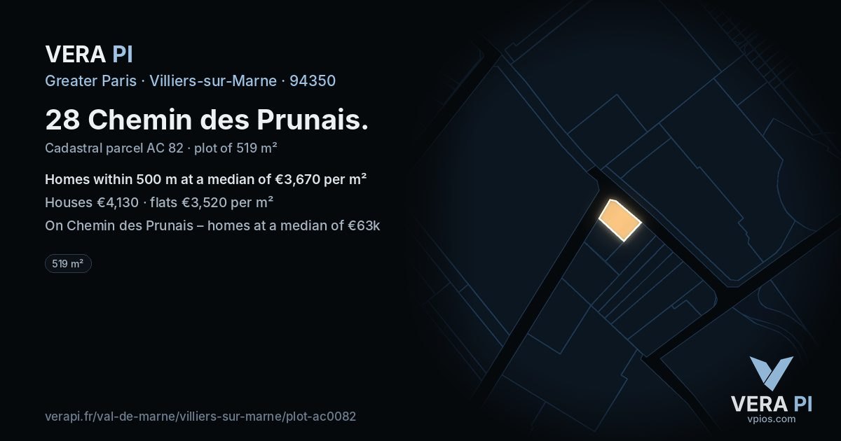 28 Chemin des Prunais, Villiers-sur-Marne at night – the plot lit, the parcels around coloured by the prices near them