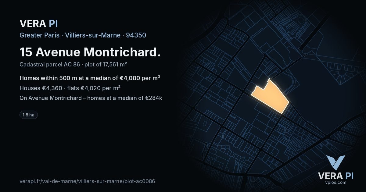 15 Avenue Montrichard, Villiers-sur-Marne at night – the plot lit, the parcels around coloured by the prices near them