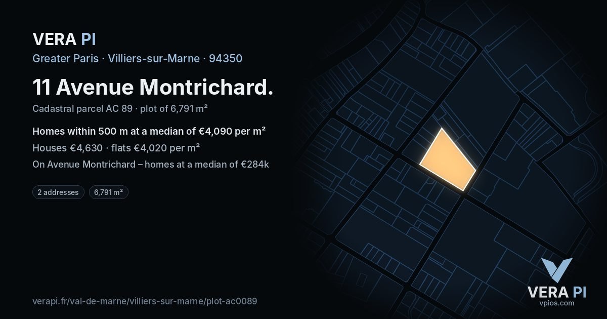 11 Avenue Montrichard, Villiers-sur-Marne at night – the plot lit, the parcels around coloured by the prices near them