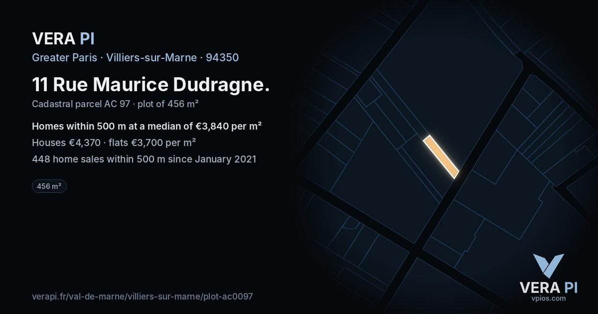 11 Rue Maurice Dudragne, Villiers-sur-Marne at night – the plot lit, the parcels around coloured by the prices near them