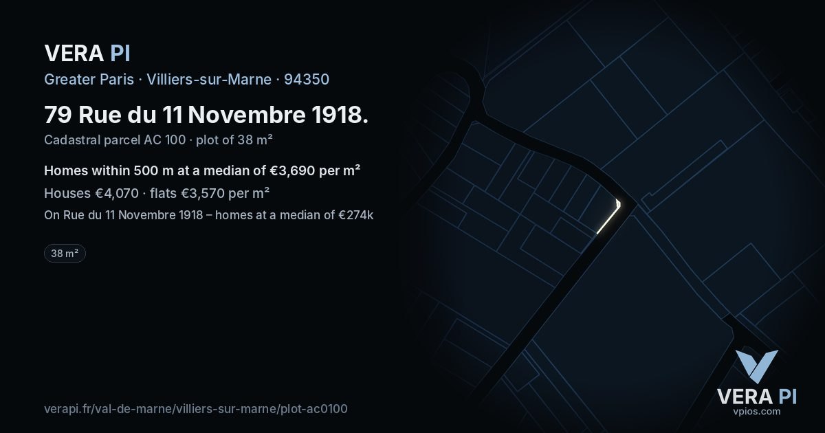 79 Rue du 11 Novembre 1918, Villiers-sur-Marne at night – the plot lit, the parcels around coloured by the prices near them