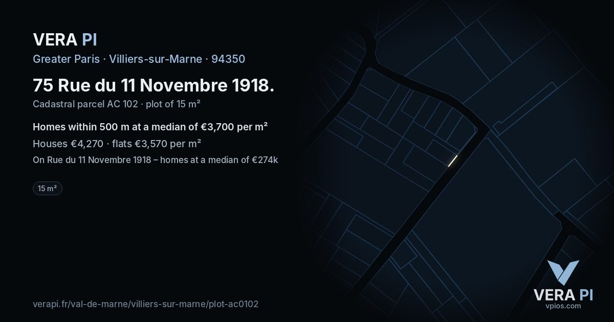 75 Rue du 11 Novembre 1918, Villiers-sur-Marne at night – the plot lit, the parcels around coloured by the prices near them
