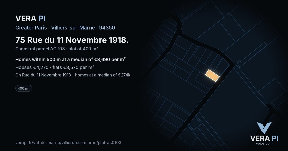 75 Rue du 11 Novembre 1918, Villiers-sur-Marne at night – the plot lit, the parcels around coloured by the prices near them