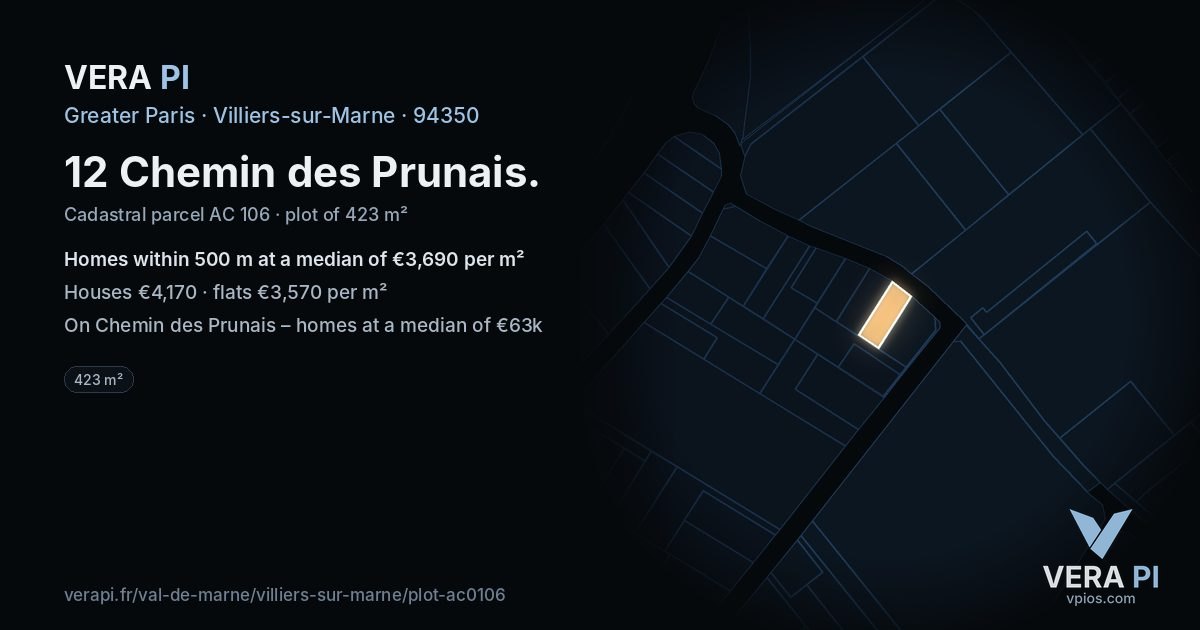 12 Chemin des Prunais, Villiers-sur-Marne at night – the plot lit, the parcels around coloured by the prices near them