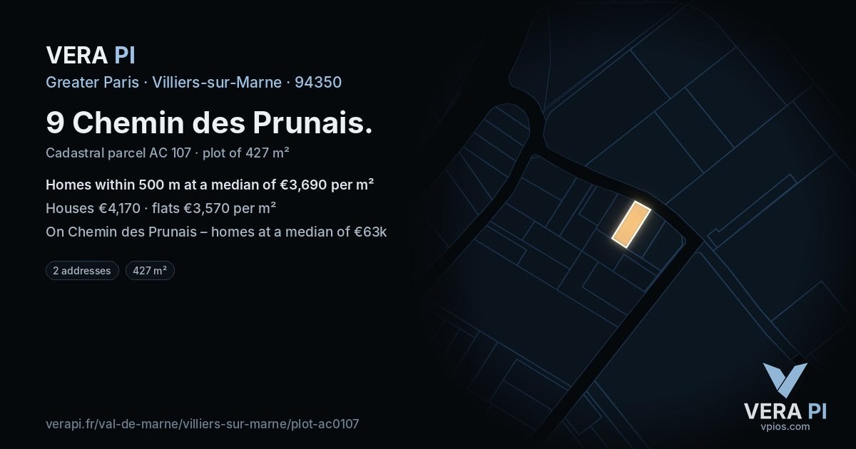 9 Chemin des Prunais, Villiers-sur-Marne at night – the plot lit, the parcels around coloured by the prices near them