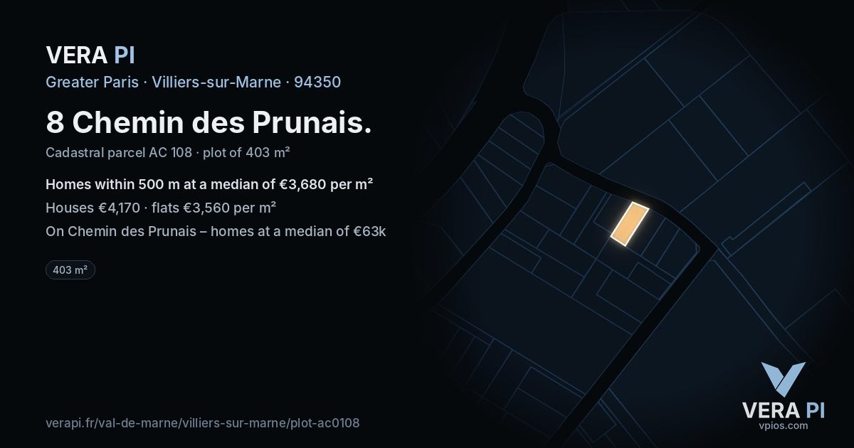 8 Chemin des Prunais, Villiers-sur-Marne at night – the plot lit, the parcels around coloured by the prices near them