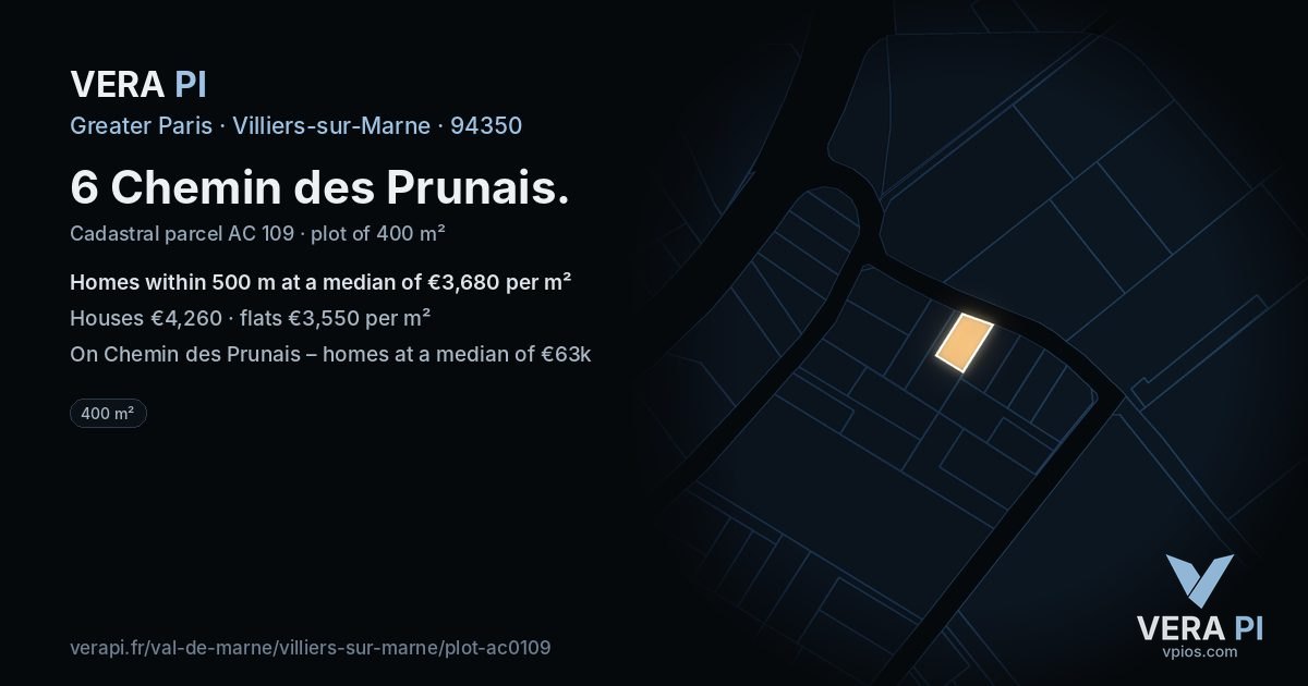 6 Chemin des Prunais, Villiers-sur-Marne at night – the plot lit, the parcels around coloured by the prices near them