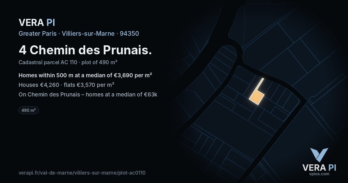 4 Chemin des Prunais, Villiers-sur-Marne at night – the plot lit, the parcels around coloured by the prices near them