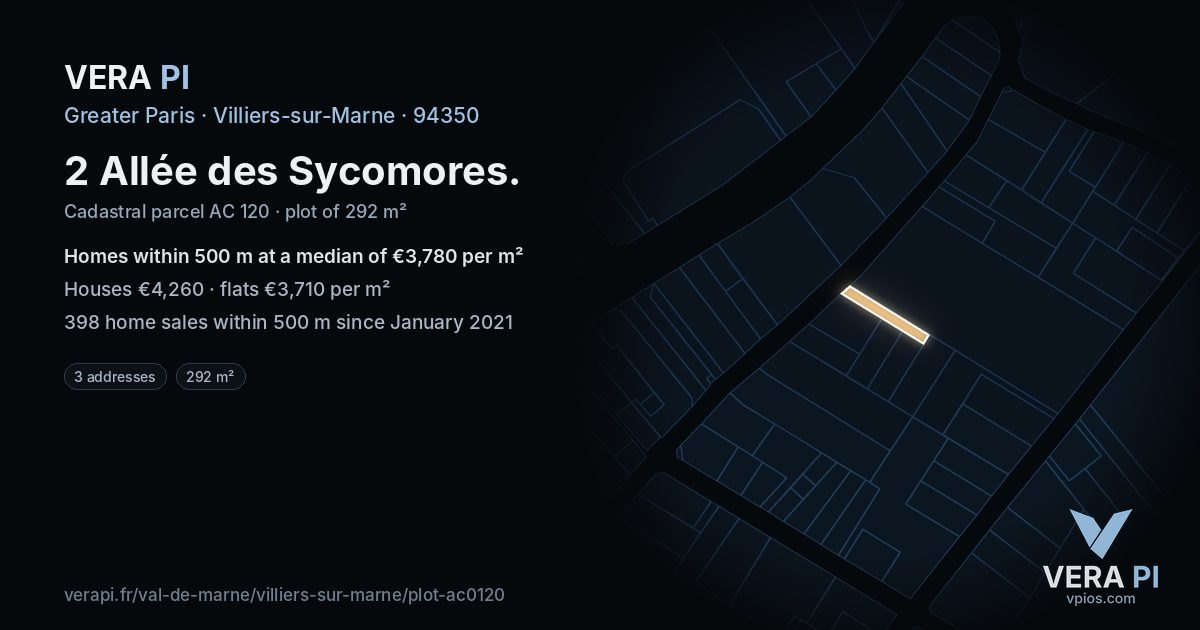 2 Allée des Sycomores, Villiers-sur-Marne at night – the plot lit, the parcels around coloured by the prices near them