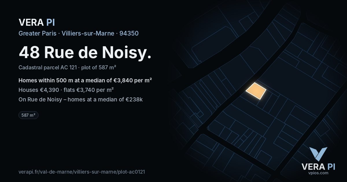 48 Rue de Noisy, Villiers-sur-Marne at night – the plot lit, the parcels around coloured by the prices near them