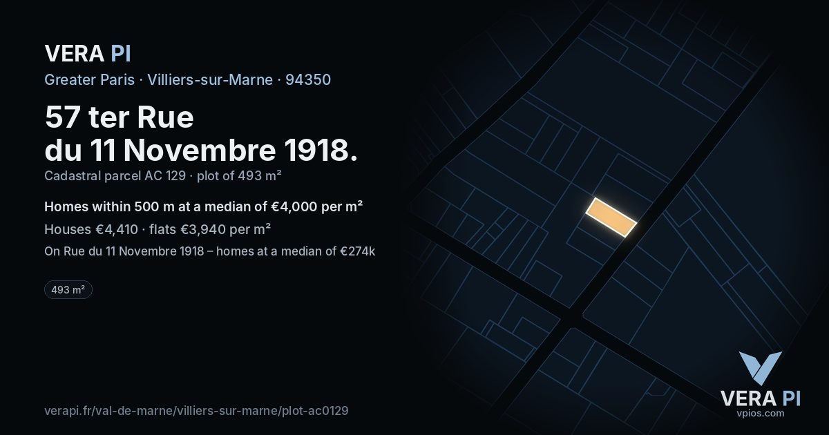 57 ter Rue du 11 Novembre 1918, Villiers-sur-Marne at night – the plot lit, the parcels around coloured by the prices near them