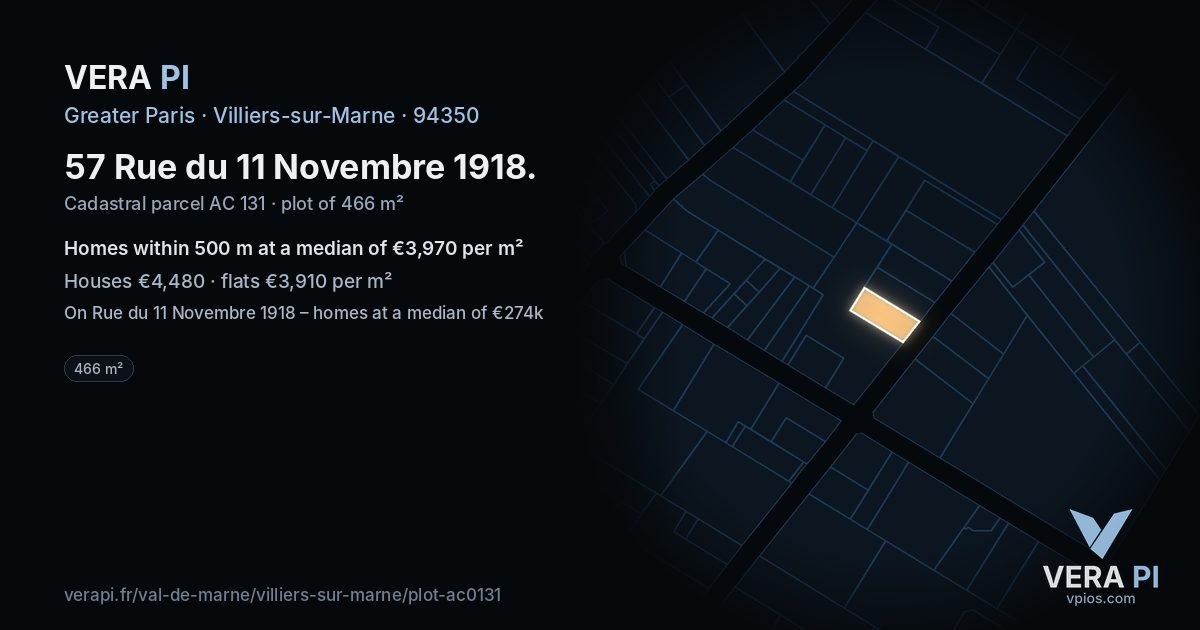 57 Rue du 11 Novembre 1918, Villiers-sur-Marne at night – the plot lit, the parcels around coloured by the prices near them