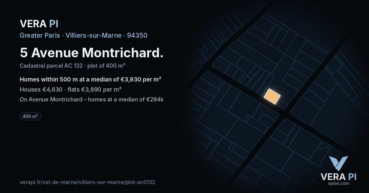 5 Avenue Montrichard, Villiers-sur-Marne at night – the plot lit, the parcels around coloured by the prices near them