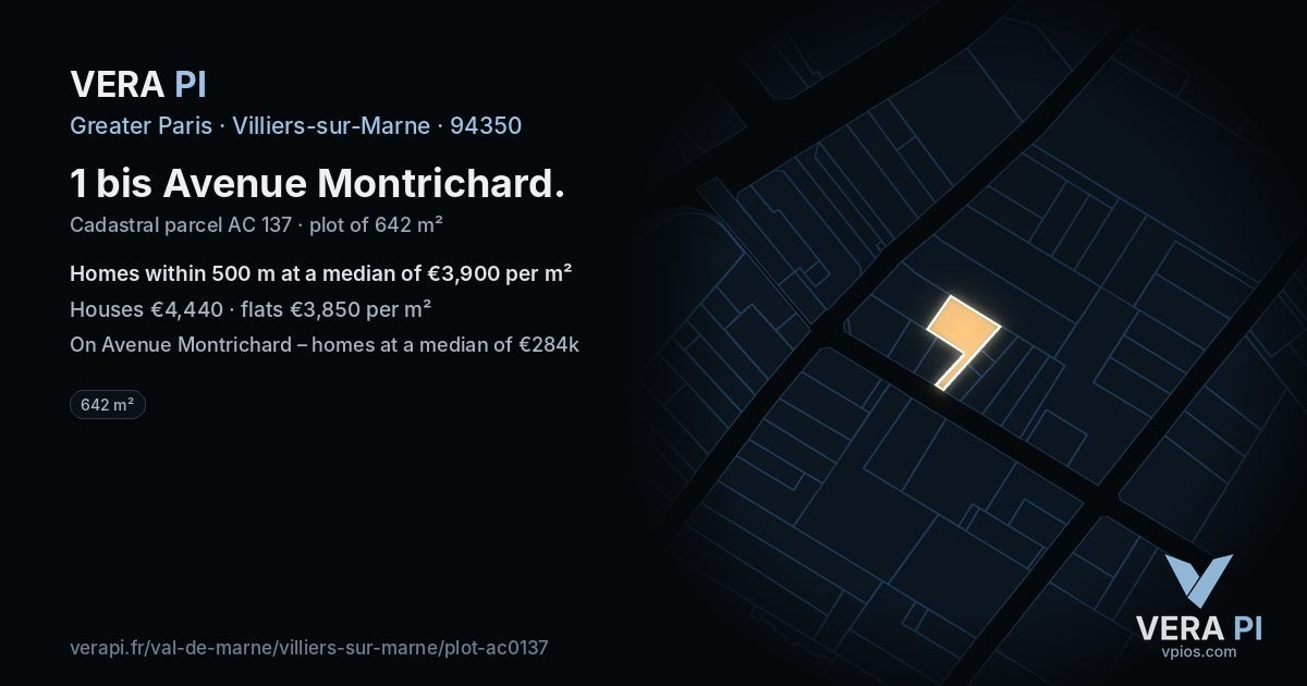 1 bis Avenue Montrichard, Villiers-sur-Marne at night – the plot lit, the parcels around coloured by the prices near them