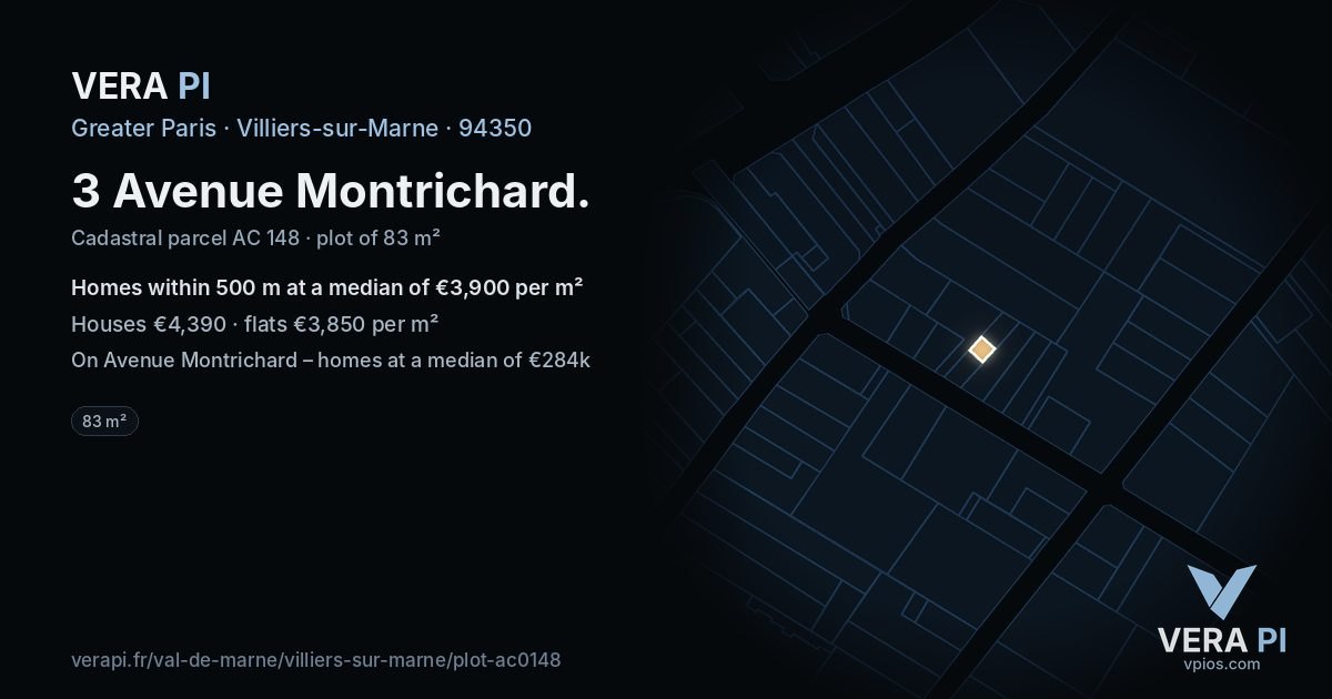 3 Avenue Montrichard, Villiers-sur-Marne at night – the plot lit, the parcels around coloured by the prices near them