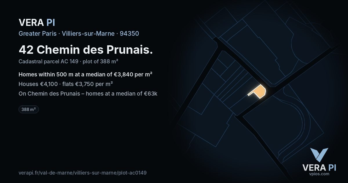 42 Chemin des Prunais, Villiers-sur-Marne at night – the plot lit, the parcels around coloured by the prices near them