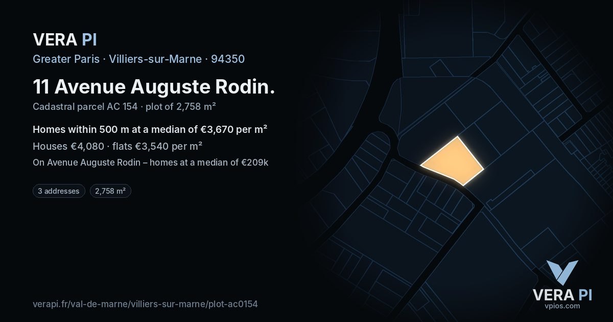 11 Avenue Auguste Rodin, Villiers-sur-Marne at night – the plot lit, the parcels around coloured by the prices near them