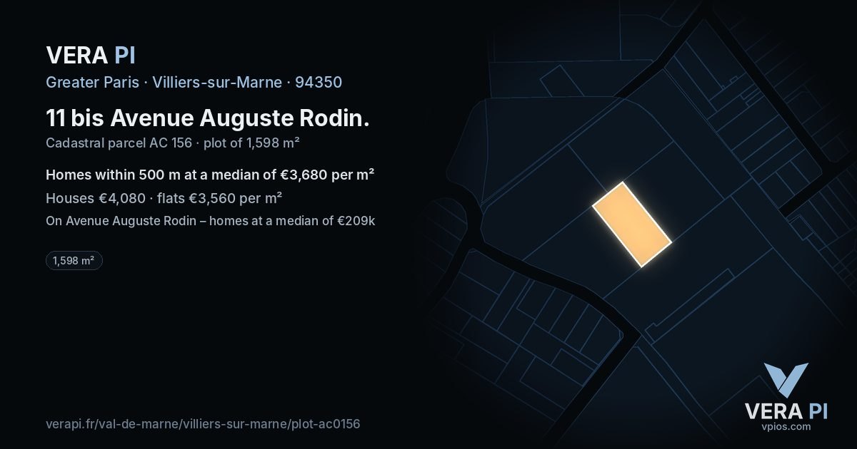 11 bis Avenue Auguste Rodin, Villiers-sur-Marne at night – the plot lit, the parcels around coloured by the prices near them
