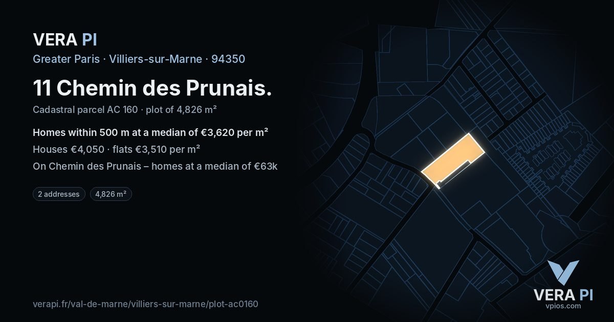 11 Chemin des Prunais, Villiers-sur-Marne at night – the plot lit, the parcels around coloured by the prices near them