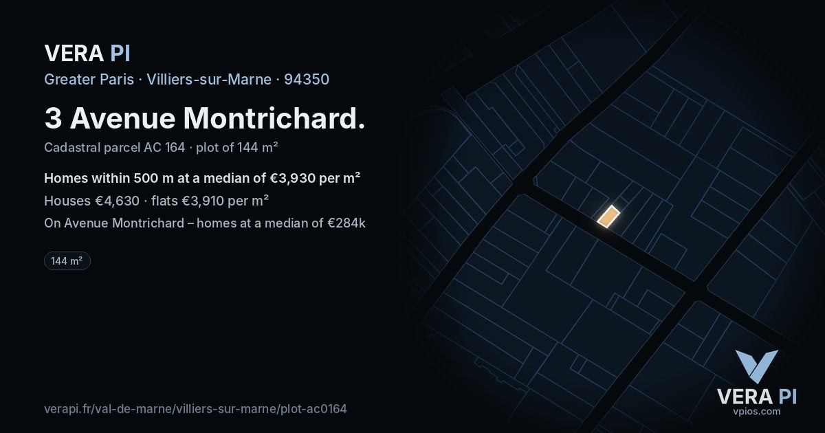 3 Avenue Montrichard, Villiers-sur-Marne at night – the plot lit, the parcels around coloured by the prices near them