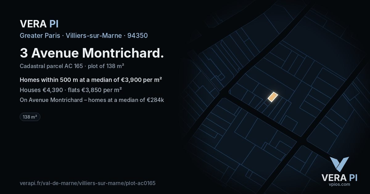 3 Avenue Montrichard, Villiers-sur-Marne at night – the plot lit, the parcels around coloured by the prices near them