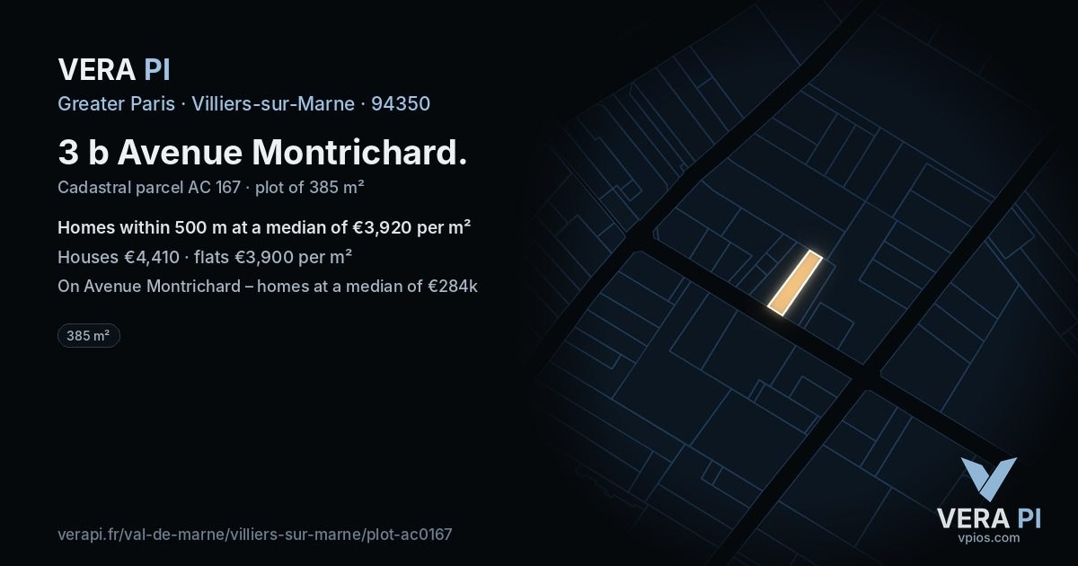 3 b Avenue Montrichard, Villiers-sur-Marne at night – the plot lit, the parcels around coloured by the prices near them